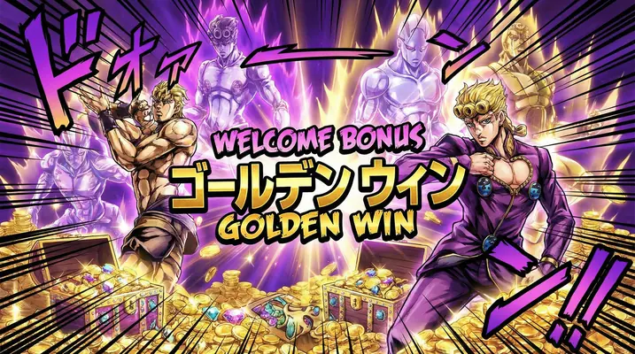 Bônus de Boas-Vindas zzwin - Tesouro dourado com personagens épicos celebrando vitória